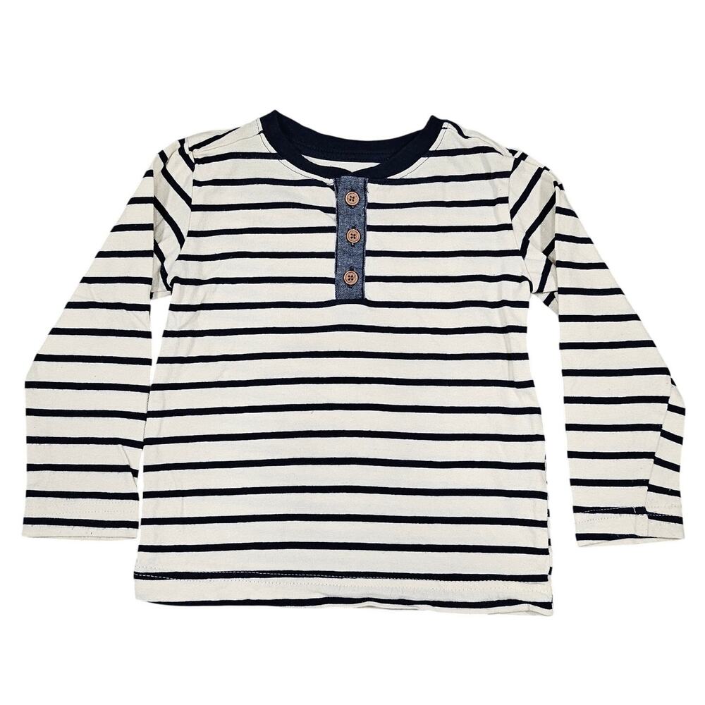 PEKKLE TODDLER LONG‑SLEEVE STRIPED HENLEY TOP – NAVY/WHITE – SIZE 2T